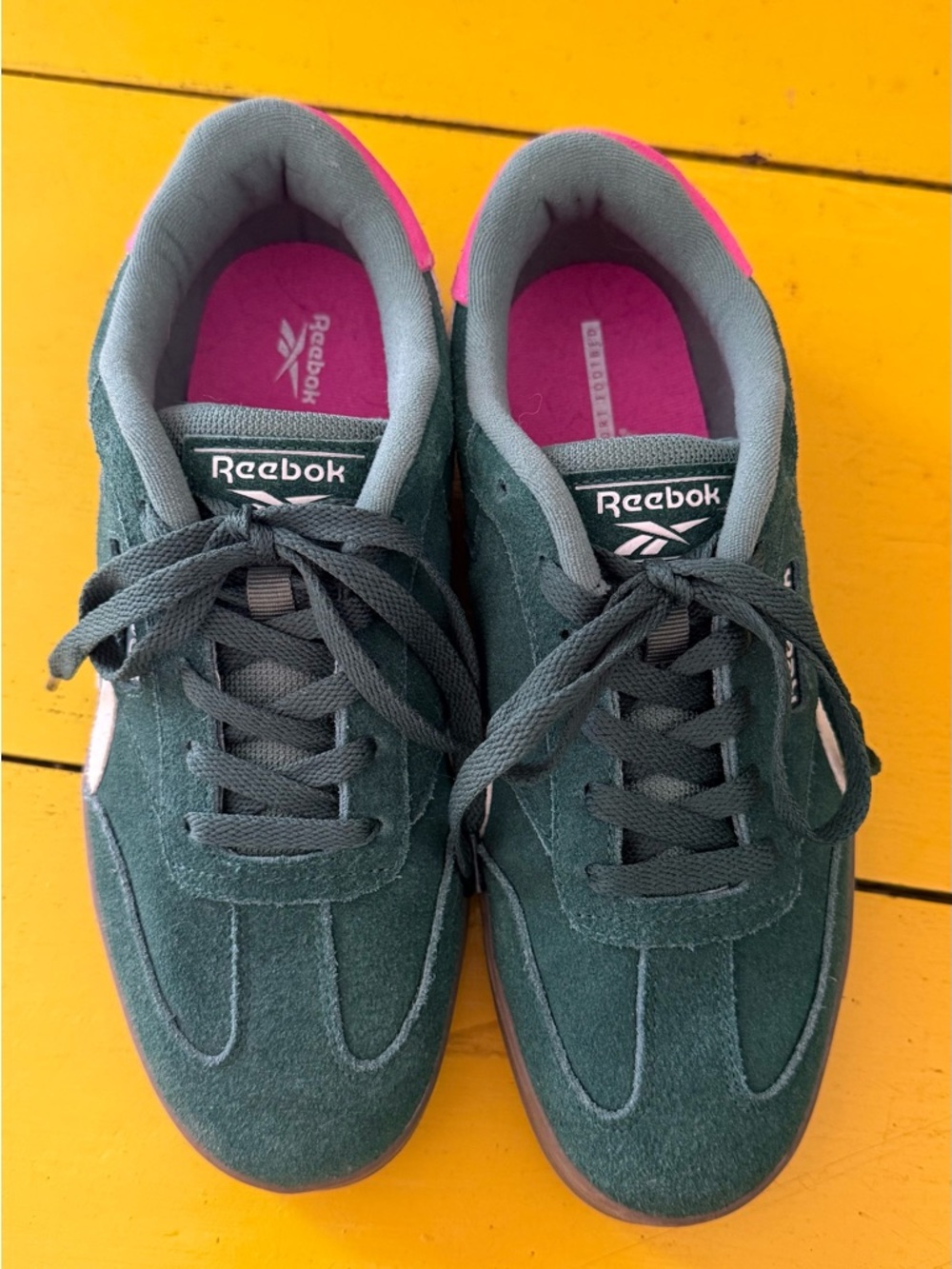 Reebok Dark Green & Pink Suede Sneakers